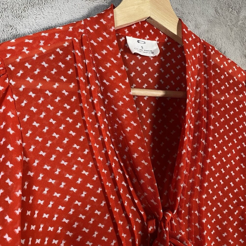 Pins and Needles Tie Neck Blouse S Sheer Chiffon Pintuck Parisian Chic Romantic - Picture 5 of 13